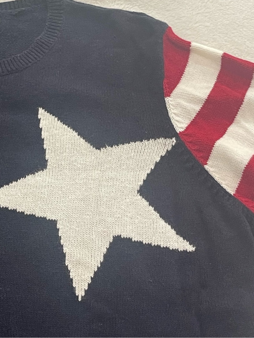 Sag Harbor Navy Crewneck Sweater with White Star and Red White Stripe Sleeve 1X